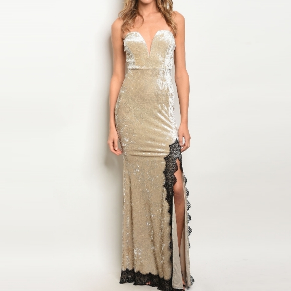 Strapless Stretch Velvet Lace Gown Party Dress